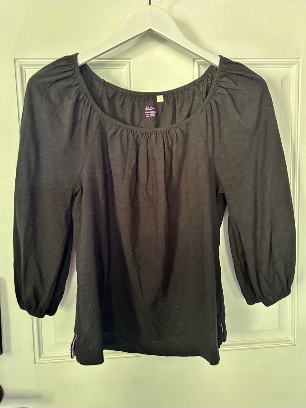 Boden Black Gathered-Neck 3/4 Sleeve Tunic
